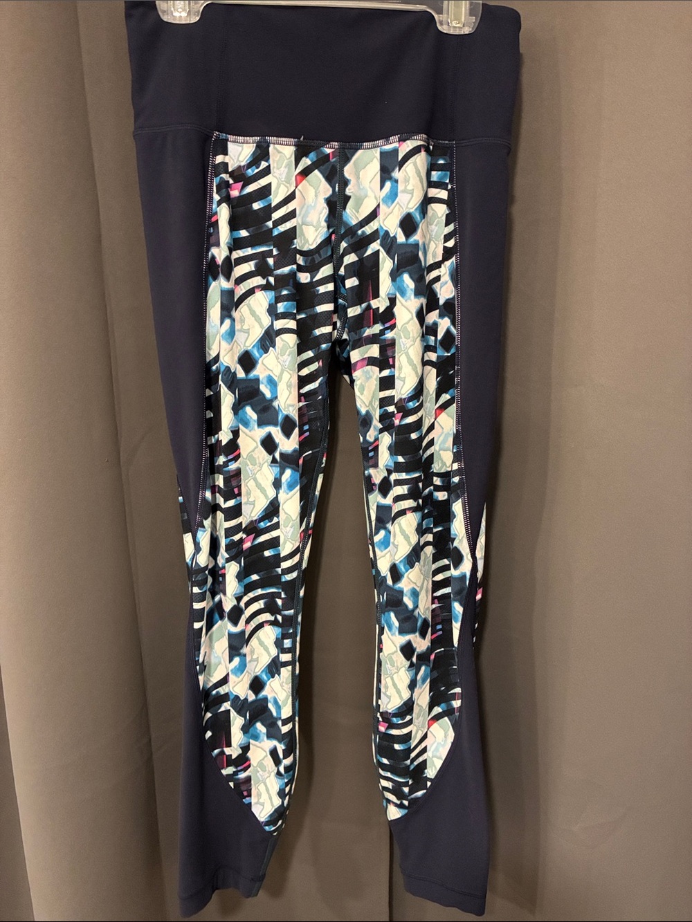 Athleta Navy Blue Leggings with Multicolor Geometric Panels